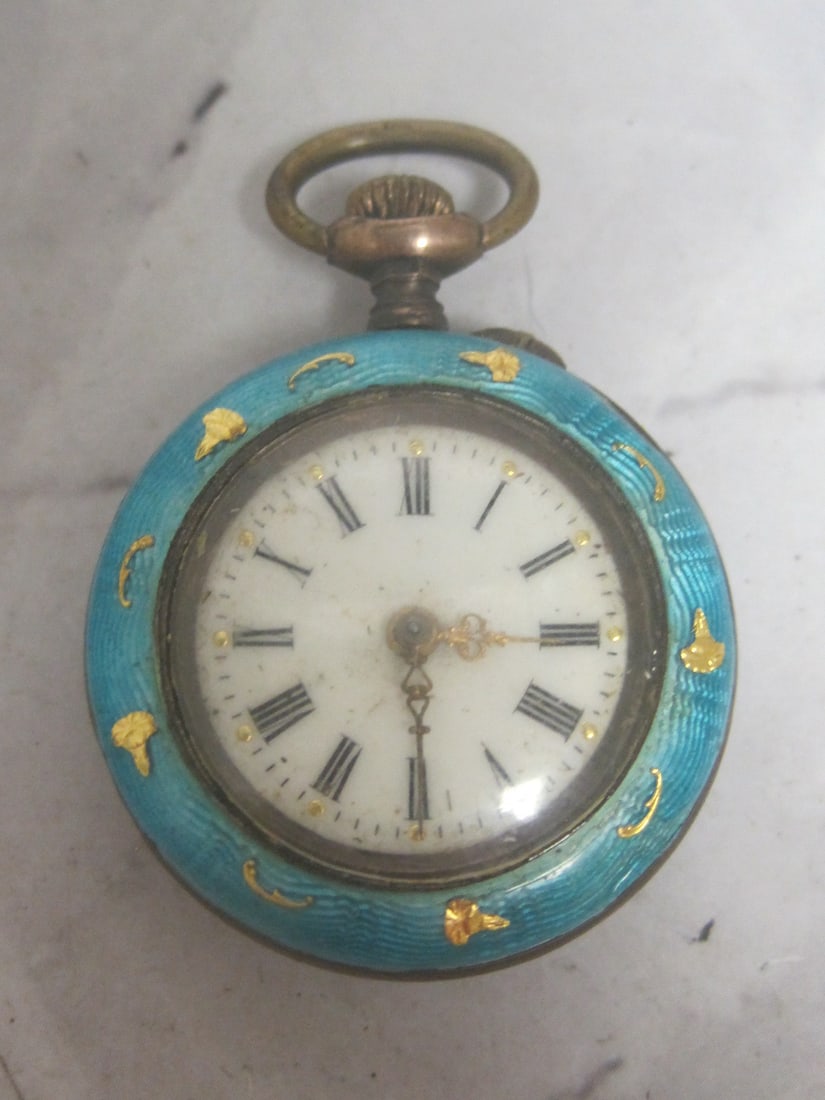 Antique Enameled Silver Pendant Watch: Art Deco style, gold on blue, estate find, not running