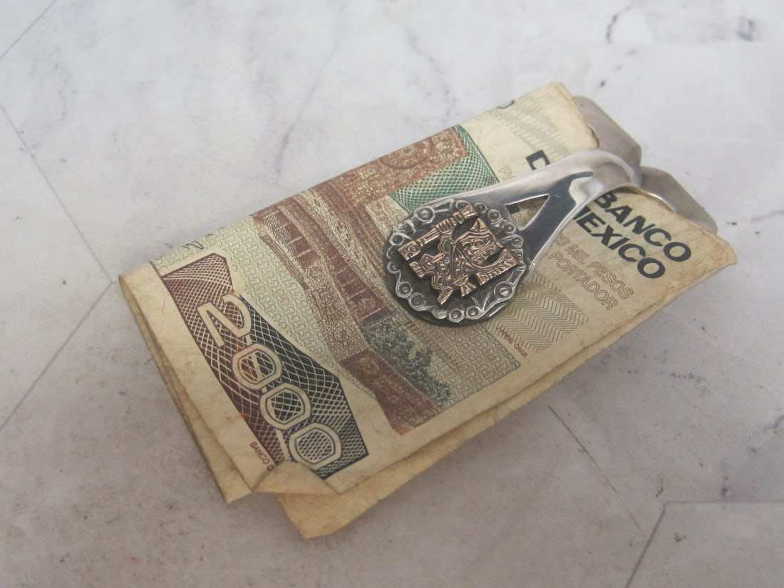 18k Gold & Sterling Silver Money Clip: Weighs 10.3 grams, Aztec Warrior design 