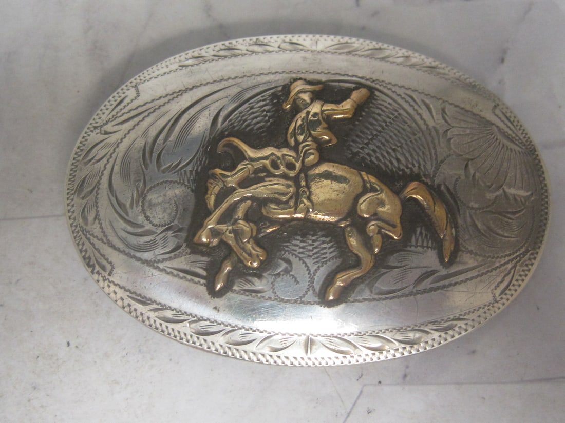 Vintage Western Belt Buckle with Sterling Silver Front & Nickel Silver Back: Bronco buster decor by Tex Tan Western Leather Company, Yoakum, Texas 
