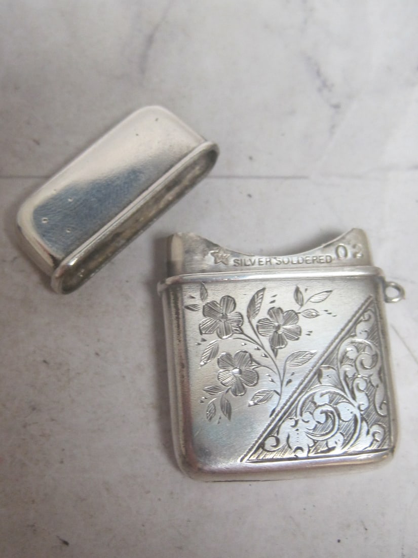 Antique Silver Soldered Stamp Case with Chatelaine of Pendant Loop - 2