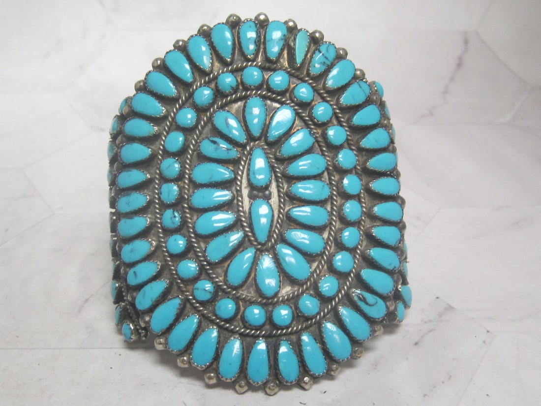 Vintage Petitpoint Turquoise Silver Bracelet: Not Marked- Maybe Sterling. A huge statement piece, cuff style, Impressive! 