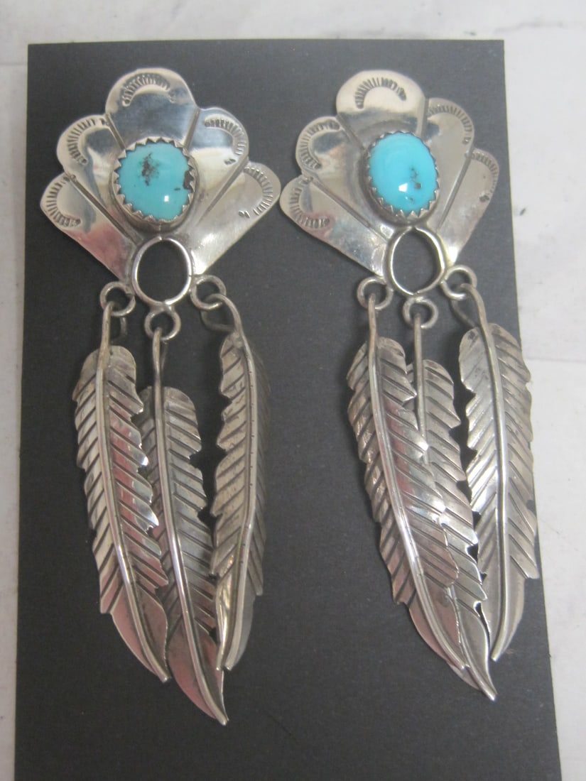 Sterling Silver & Turquoise Navajo Pierced Earrings: Dangling feather design 