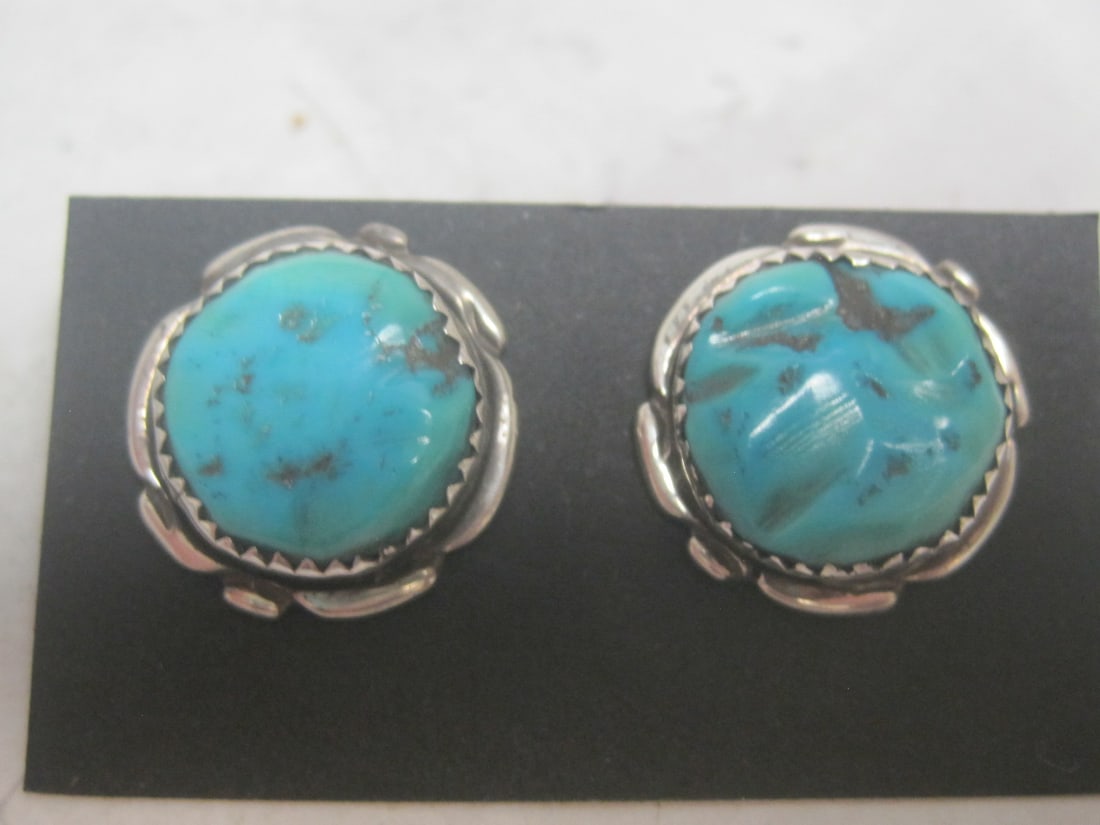 Zuni Turquoise & Sterling Silver Pierced Earrings: Signed Alvina 