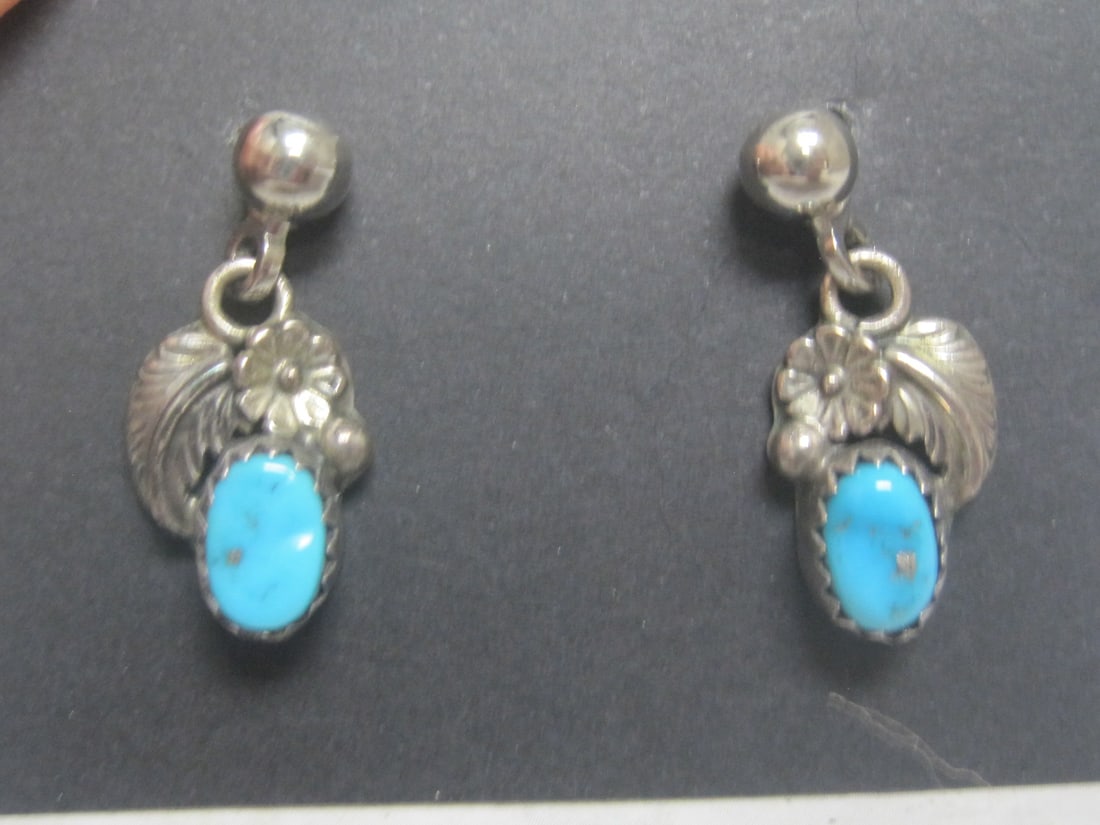 Sterling Silver & Turquoise Navajo Pierced Earrings: Dangle style 