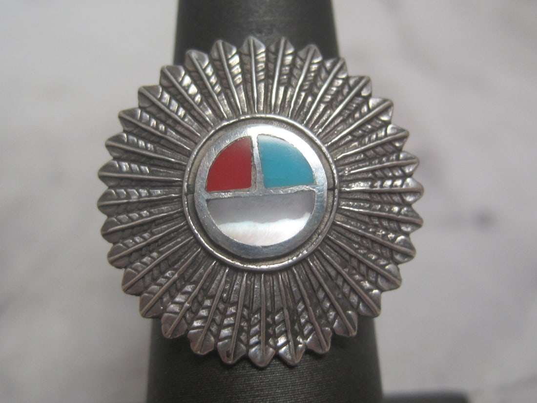 Sterling Silver Southwest Sun Face Ring by Carolyn Pollack: Weighs 6.3 grams, Size 6 3/4, Turquoise, coral, abalone 