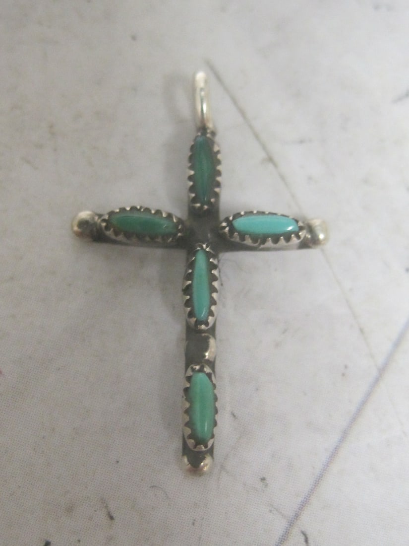 Scarce Sterling Silver & Turquoise Navajo Baby Cross Pendant: Pettipoint style 