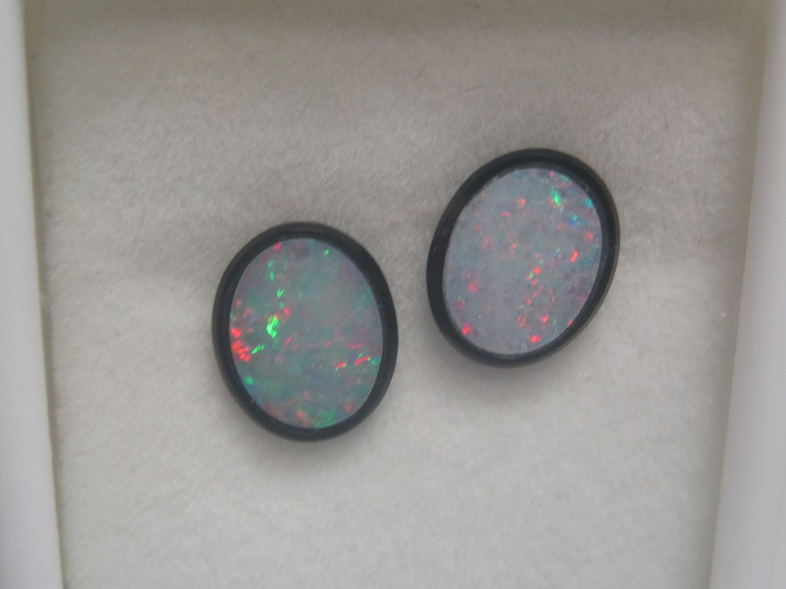 Pair of Black Opal Doublets: Fiery rainbow of colors on black background, oval, 9.5x7.5mm 