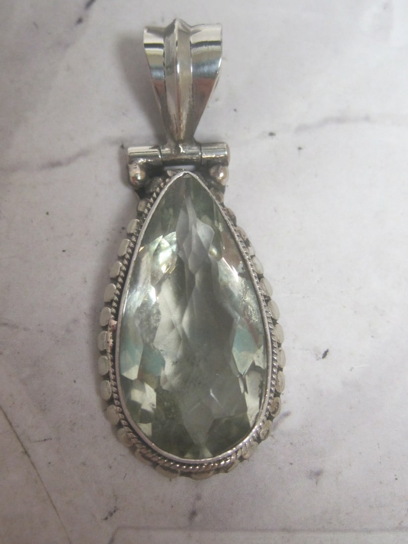 Sterling Silver Green Amethyst Pendant: Fine teardrop gem 