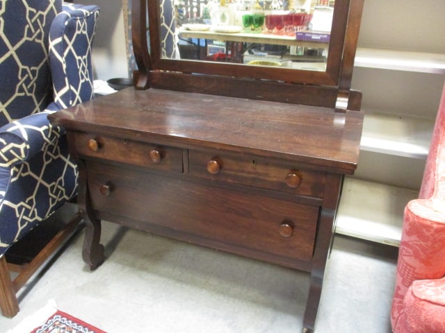 Antique Wood 3 Drawer Dresser w/Mirror - 3