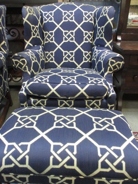 Blue & White Geometric Pattern Wingback Chair & Ottoman - 2