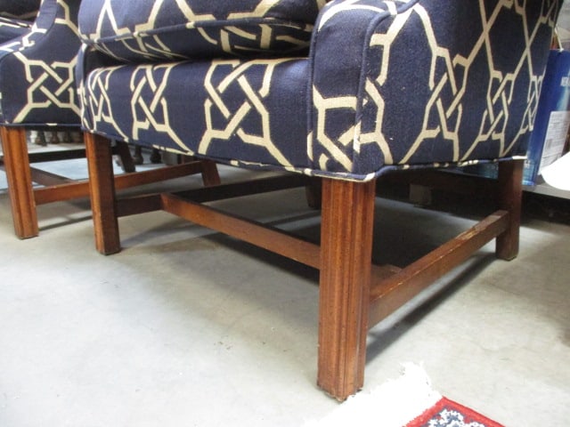 Blue & White Geometric Pattern Wingback Chair & Ottoman - 4