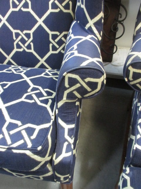 Blue & White Geometric Pattern Wingback Chair & Ottoman - 10