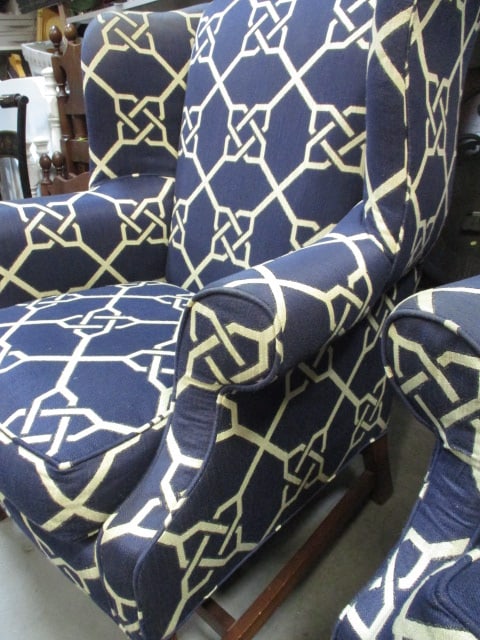 Blue & White Geometric Pattern Wingback Chair & Ottoman - 11