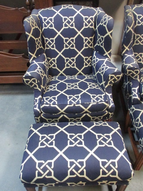 Blue & White Geometric Pattern Wingback Chair & Ottoman: . 