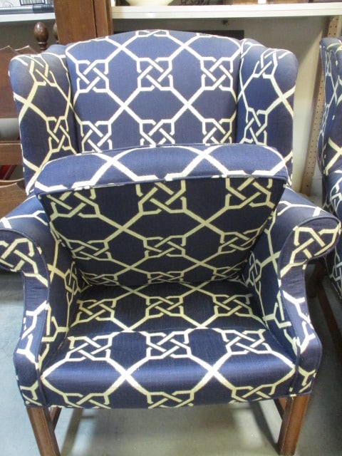 Blue & White Geometric Pattern Wingback Chair & Ottoman - 5