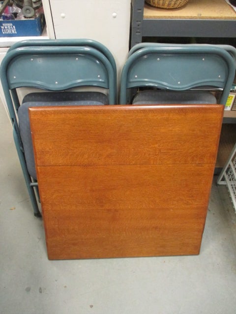 Wood Game Table & 4 Blue Folding Chairs: . 