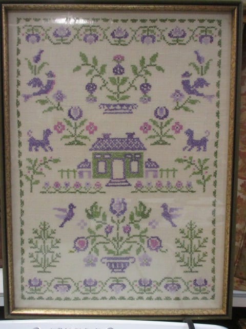 Framed Needlepoint Sampler w/Florals/Birds/Animals: 18 x 24 