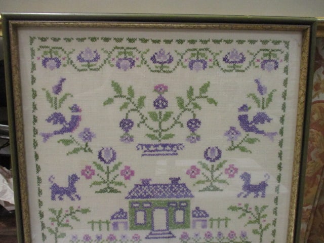 Framed Needlepoint Sampler w/Florals/Birds/Animals - 2