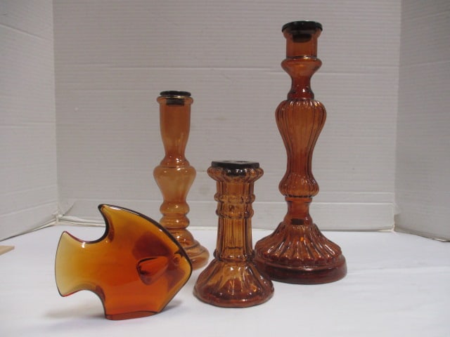 Amber (Lot of 3) Glass Candle Holders & Amber Glass Fish: . 