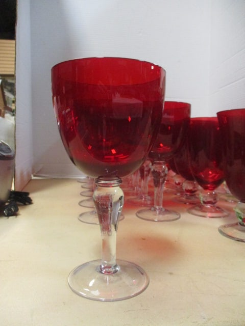 Red Water Goblets w/Clear Stems - 4