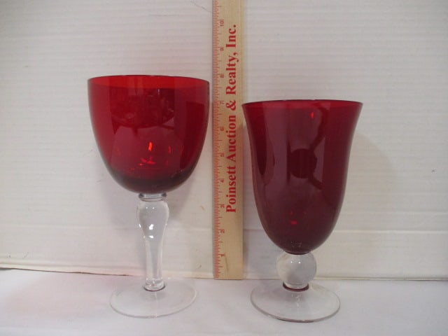 Red Water Goblets w/Clear Stems - 8
