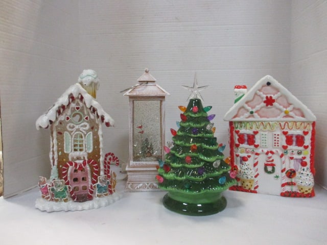 Christmas Cookie Jar, Lighted Gingerbread House, Ceramic Tree, &: Snowbirds Lighted Water Globe (Tree & Water Globe need batteries) 