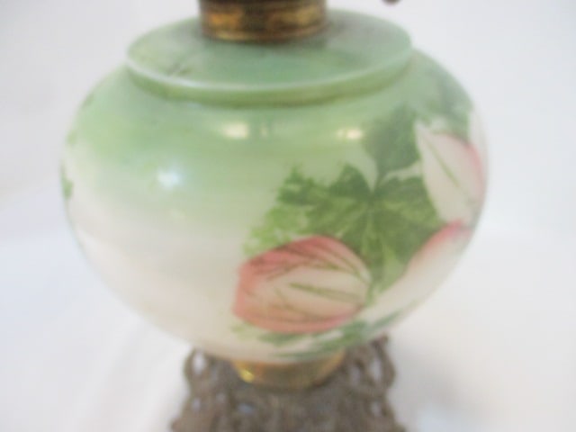 Vintage Oil Lamp w/Handpainted Glass Font & Brass Base - 4