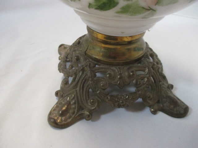 Vintage Oil Lamp w/Handpainted Glass Font & Brass Base - 6