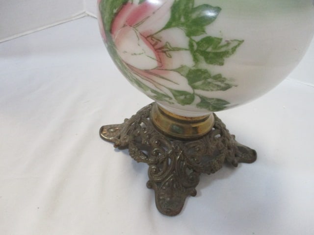 Vintage Oil Lamp w/Handpainted Glass Font & Brass Base - 7