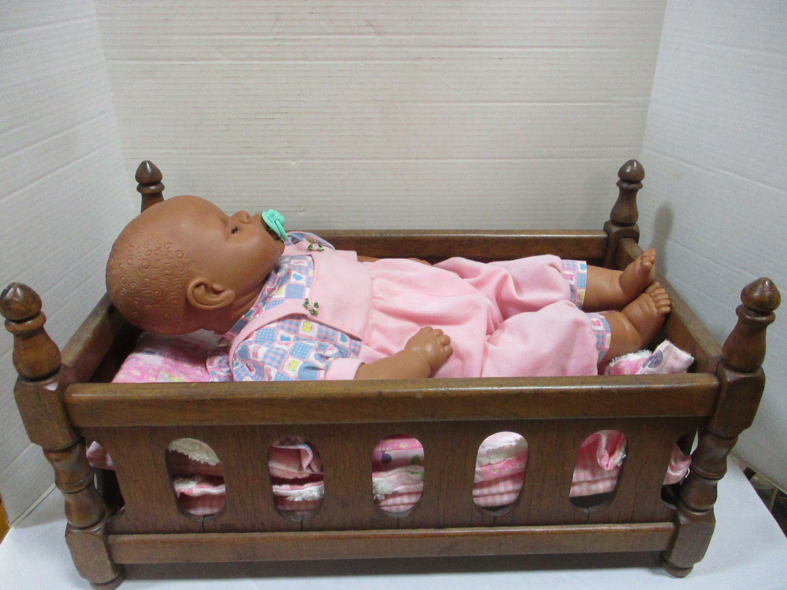 Wood Doll Bed w/Soft Body Doll 19": See all pictures (Bed-12 x 21 x 12) 