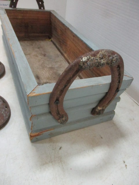 Rustic Wood Box w/Horseshoe Handles & Horseshoes - 5