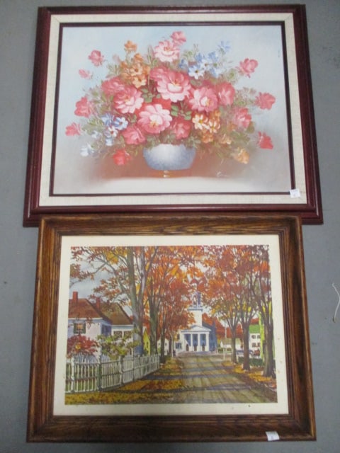 2 Framed Wall Art-John Rogers 'Church' (20 1/2 x 16 1/2) &: Floral Oil Painting Framed (24 x 21)