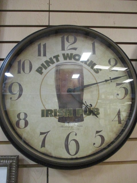 Sterling & Noble "Pint Works Irish Pub" Round Quartz Wall Clock: 18" x 6 1/2", works - needs batteries