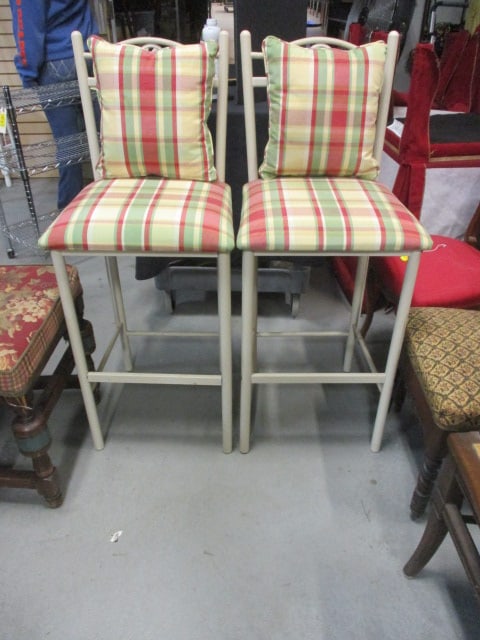 Pair of Painted Metal and Upholstered Seat Bar/Counter Stools with Matching Throw Pillows (1 of 10)