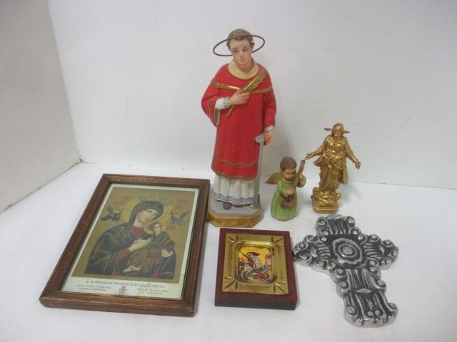 Lot of Vintage Religious Figurines, Pictures, and Emblems: see pictures and preview for selection and condition