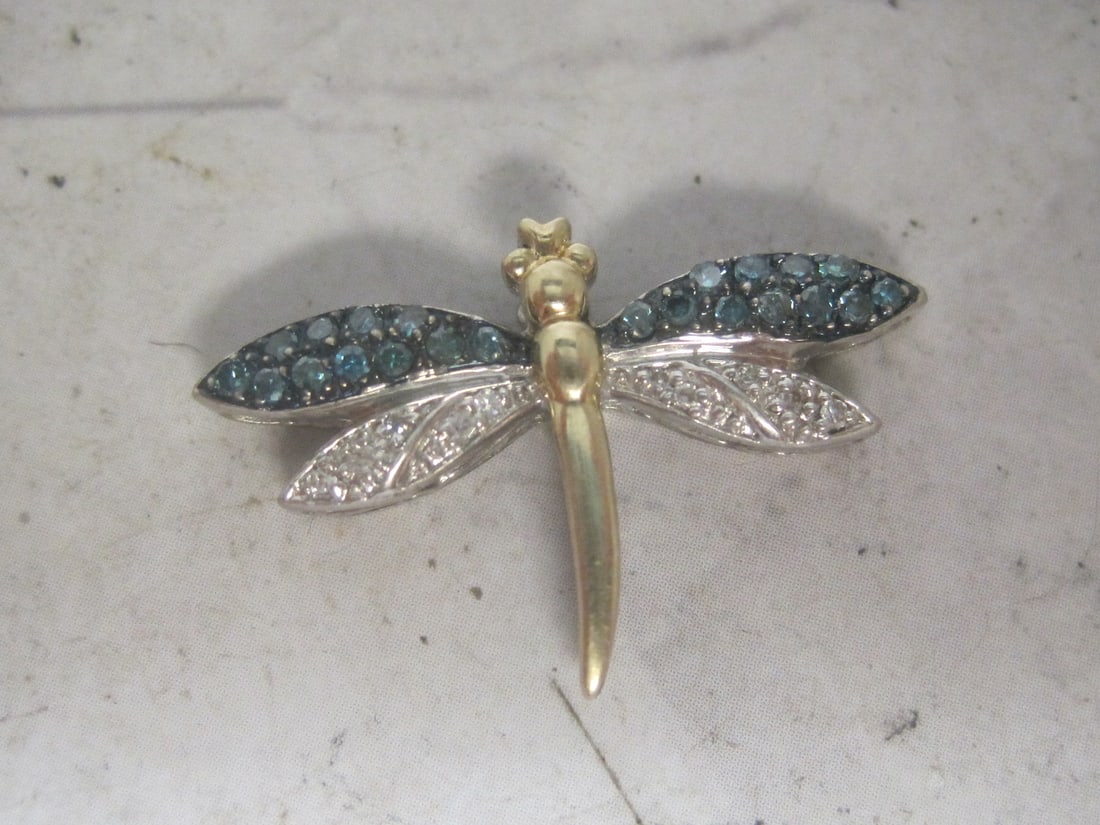 14k Gold & Sterling Silver Dragonfly Brooch with Blue & Clear Diamonds: Weighs 1.8 grams 