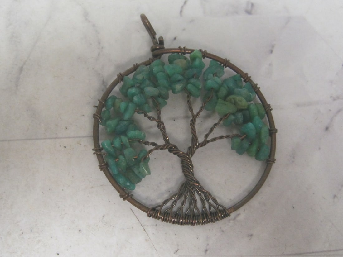 Copper Tree of Life Pendant with Green Stones: . 