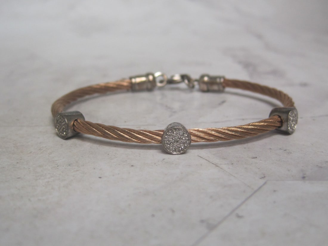 Copper Wire Bracelet with Sterling Silver Crystal Slides & Clasp - 2