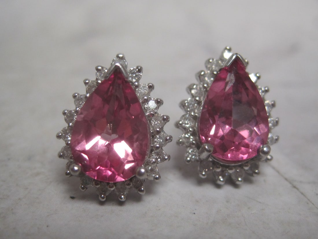 14k White Gold Earrings with Synthetic Pink Stones & Diamonds (1 of 4)