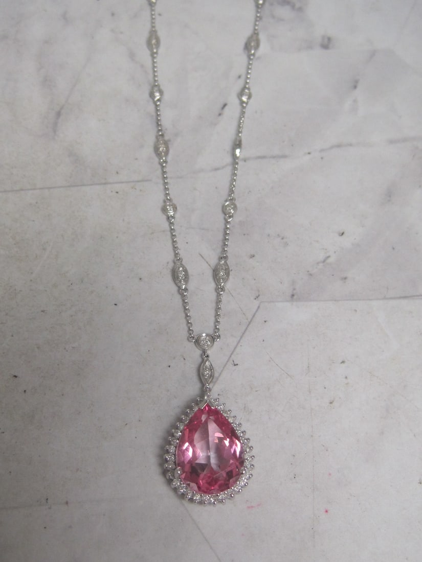 18" 14k White Gold Necklace with Pink Stone & Diamond Pendant: Weighs 11.7 grams 