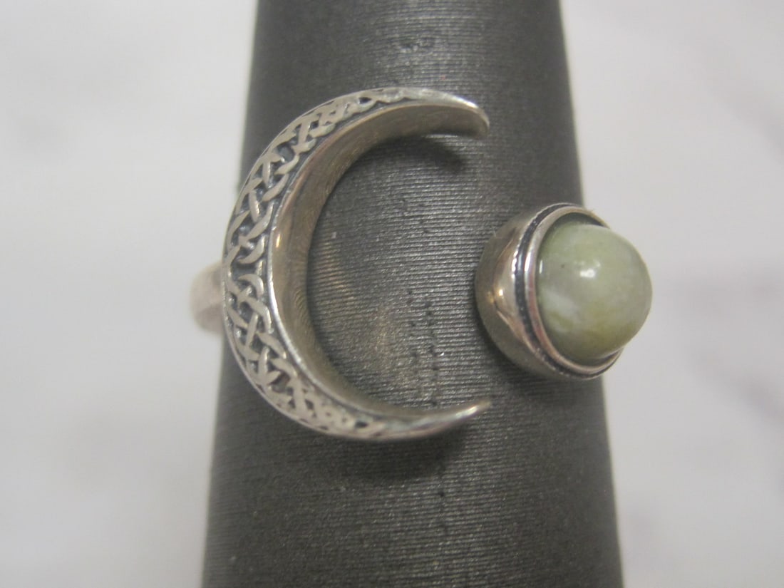 Sterling Silver Moonstone & Crescent Moon Ring: Weighs 2 grams, Adjustable
