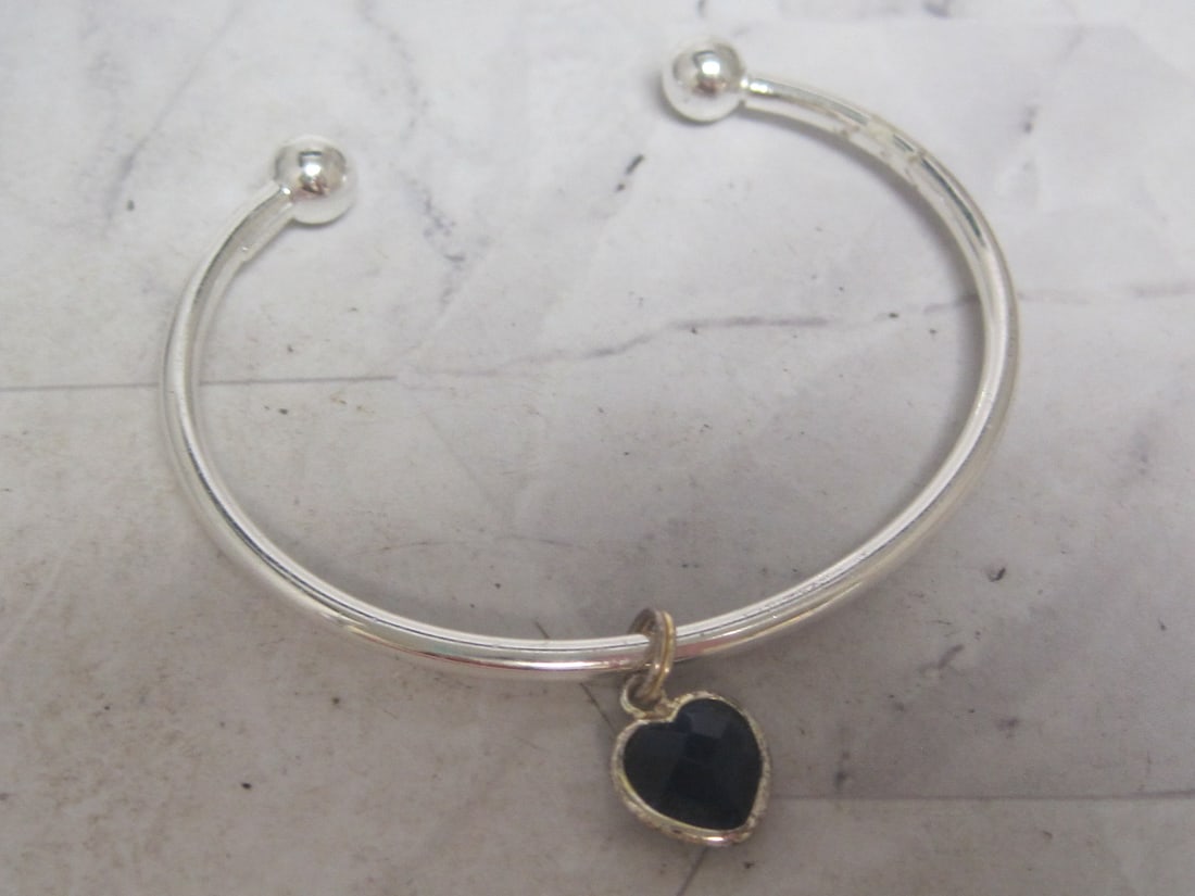 Sterling Silver Cuff Bangle Bracelet with Blue Heart Charm: Weighs 5.8 grams 