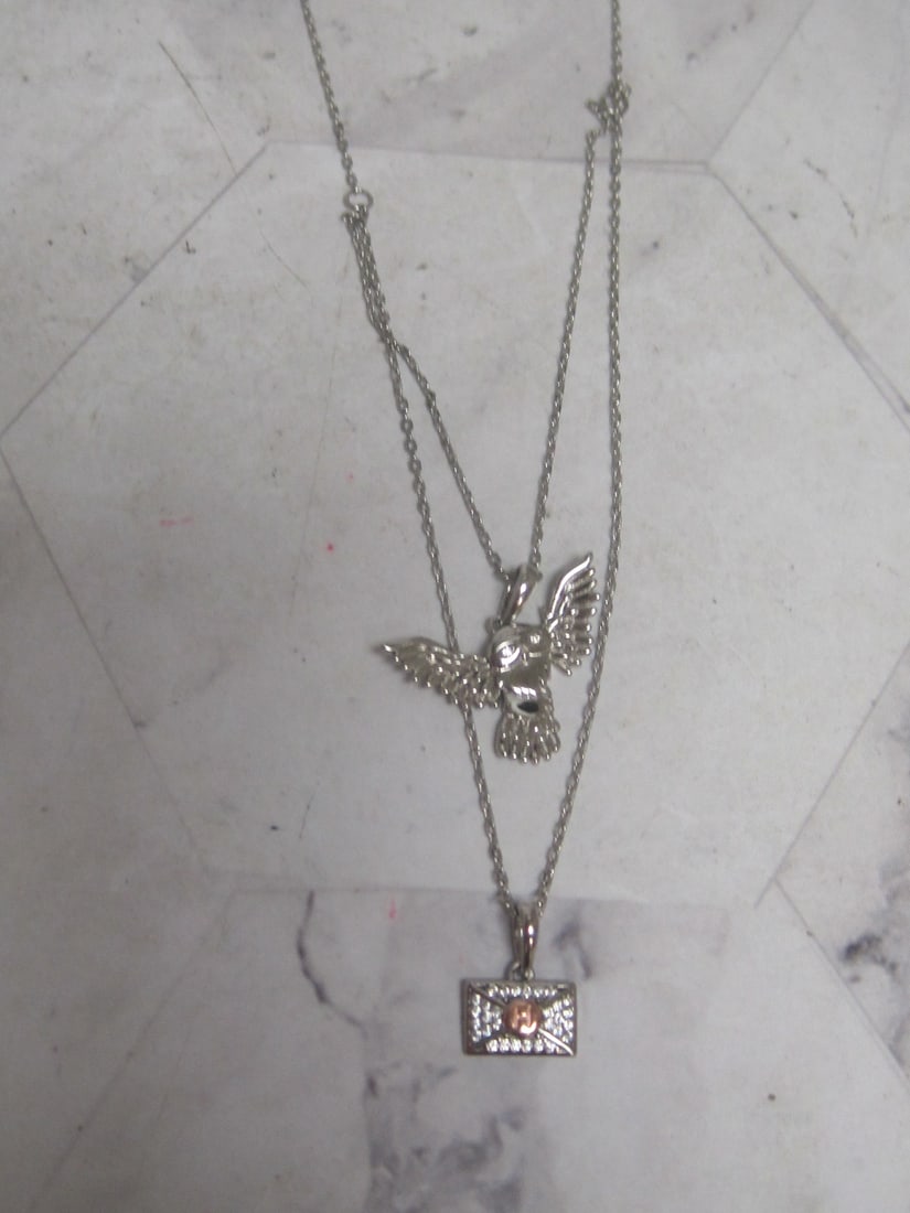 Sterling Silver 2 Layer Necklace with Owl & Envelope Pendant: Weighs 3.4 grams 