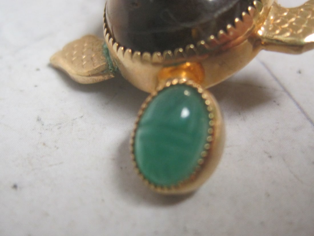 Vintage Turltle Gold-filled Brooch with Tiger's Eye Shell & Green Stone - 3