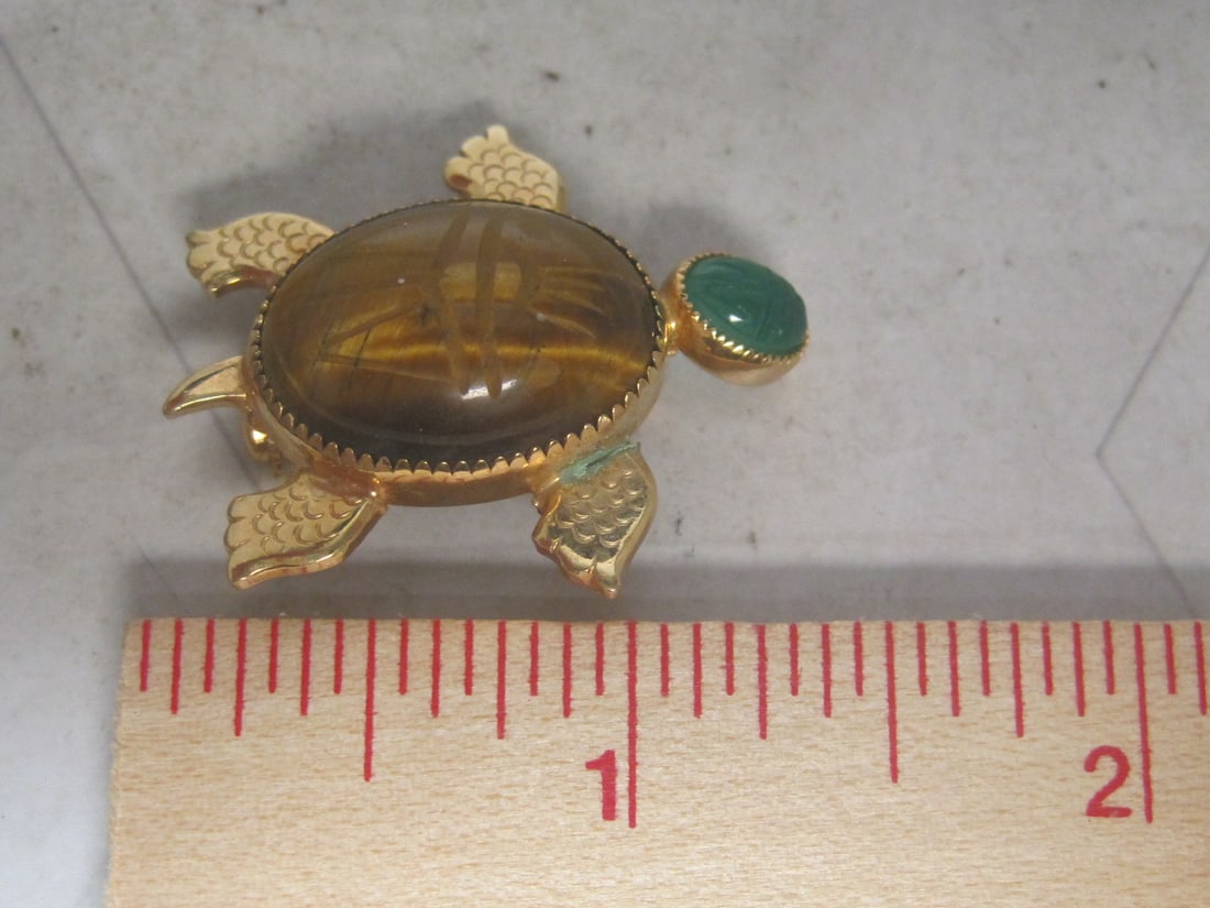 Vintage Turltle Gold-filled Brooch with Tiger's Eye Shell & Green Stone - 5