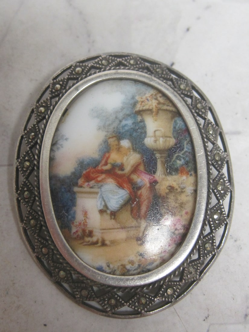 Vintage Porcelain Brooch with Marcasite Border/Pendant: . 