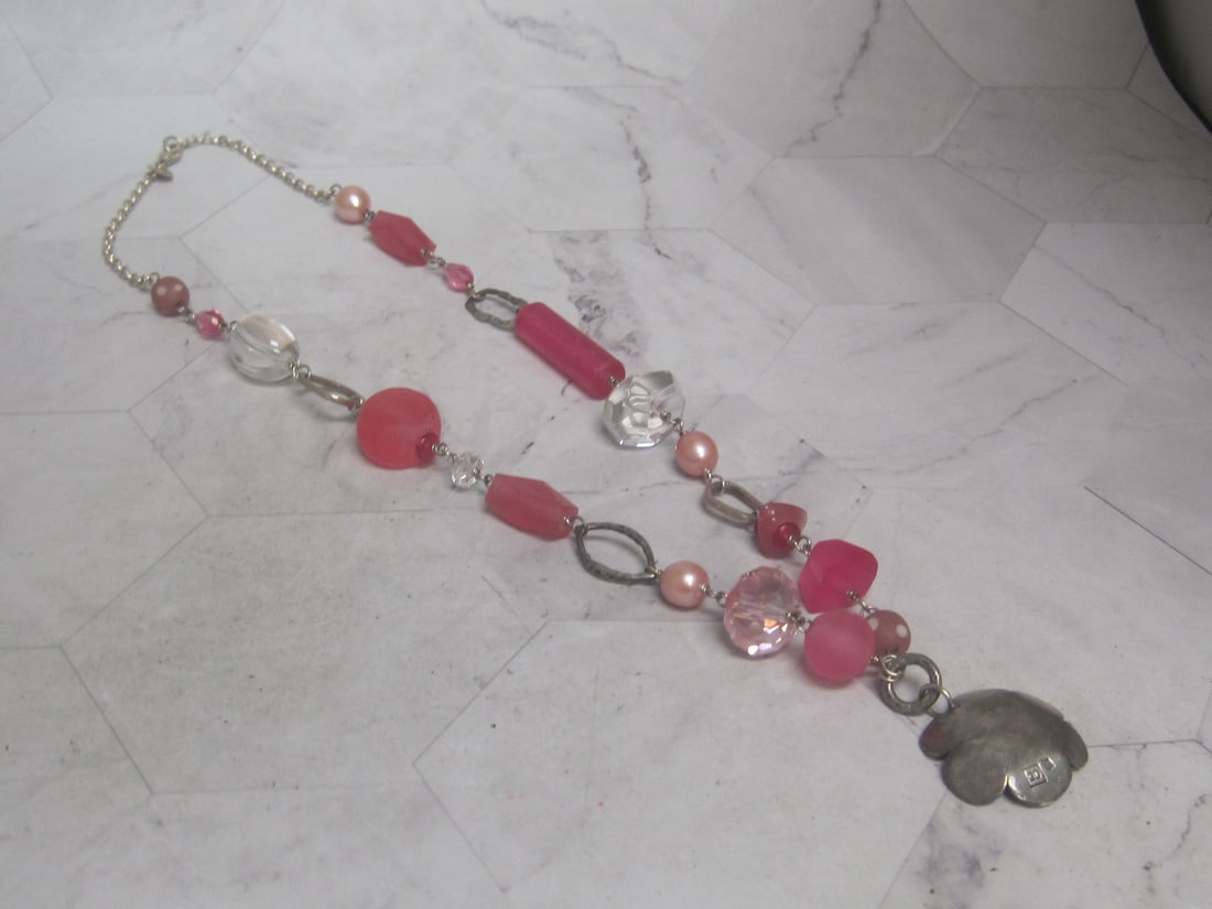 24: Sterling Silver & Pink Bead Necklace: . 