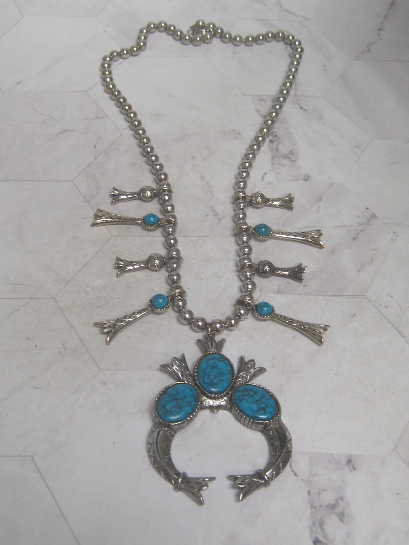 24" Silvertone Squash Blossom Necklace: . 
