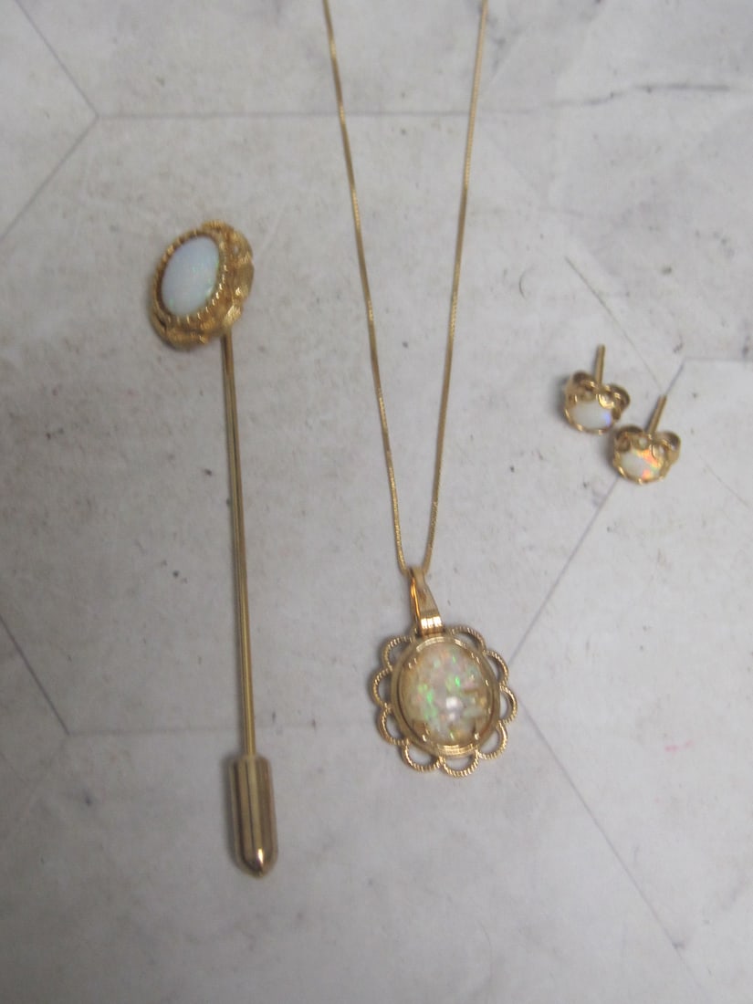 18" 14k Gold Chain with Faux Opal Pendant, Earrings, & Stick Pin: Chain weighs 1 gram 