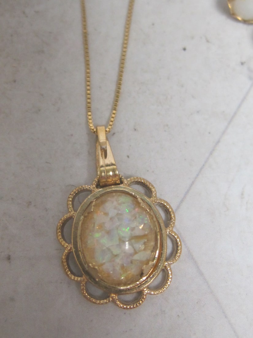 18" 14k Gold Chain with Faux Opal Pendant, Earrings, & Stick Pin - 2